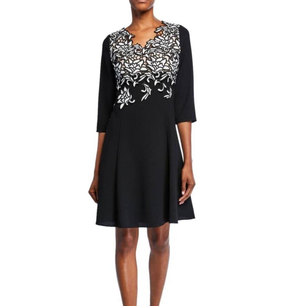 Shani Fit & Flare Dress Women's 4 Black White Embroidered Bodice Cocktail NWT